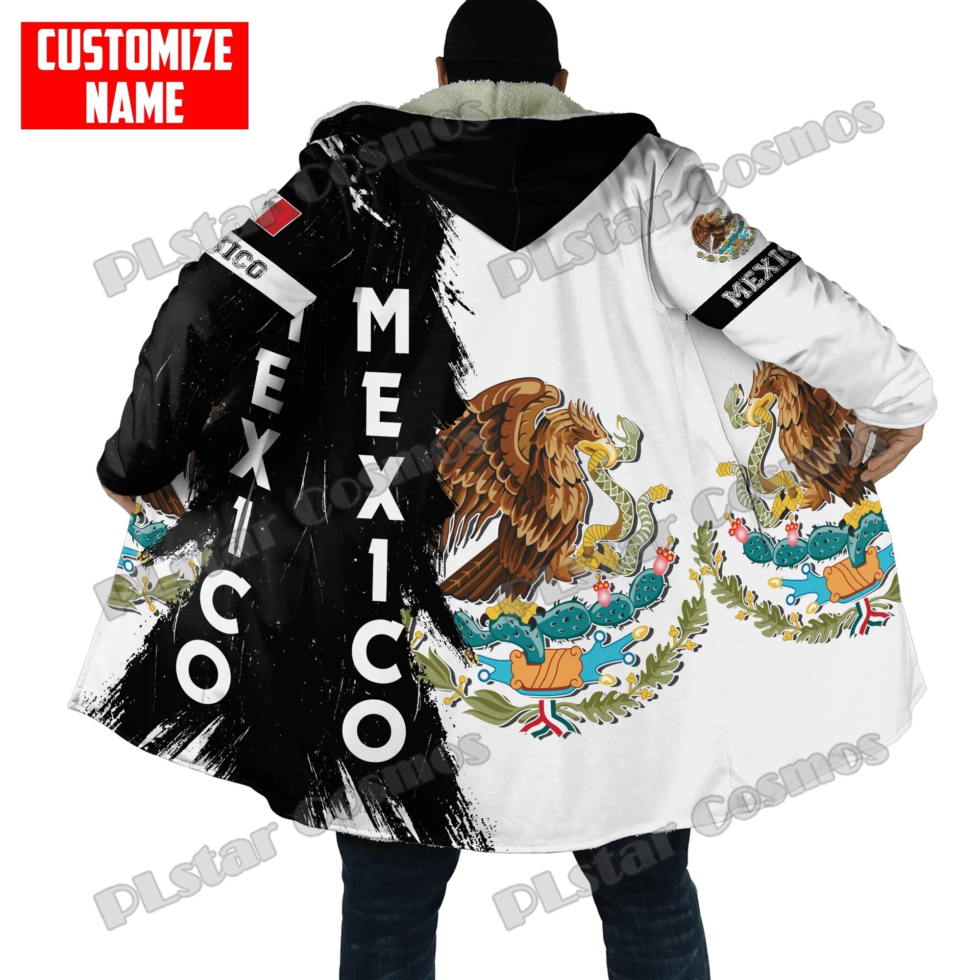 맞춤형 이름 멕시코 국기 팔 코트, 3D 전체 인쇄 남성 후드 망토, 겨울 유니섹스 플리스 따뜻한 코트 오버코트, DMT05